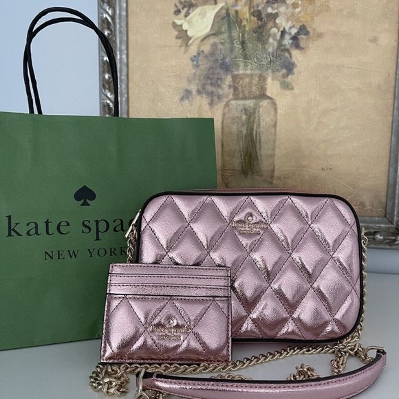 NWT Kate Spade Boxed Quilted Metalic Leather Crossbody Card Case Set In Pink - Picture 2 of 10